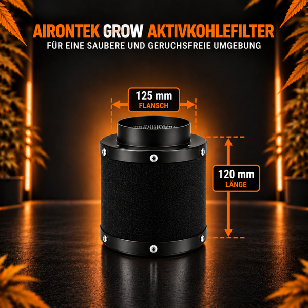 Airontek Grow Aktivkohlefilter mit 125 Millimeter Flansch und 120 Millimeter Länge für saubere Abluft in Innenräumen.