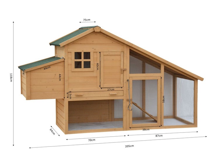 Hühnerstall aus Holz mit integriertem Auslauf, Nistkasten und ausziehbarer Wanne inklusive detaillierter Maße in Zentimeter.