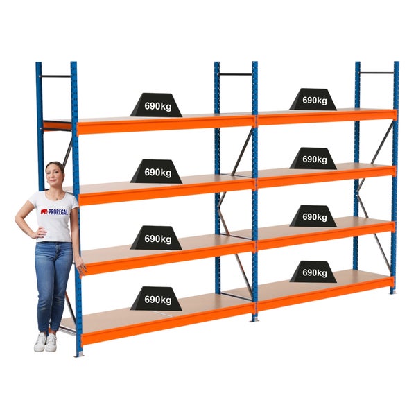 Lagerregal mit Fachböden und Traglastangabe von 690 Kilogramm