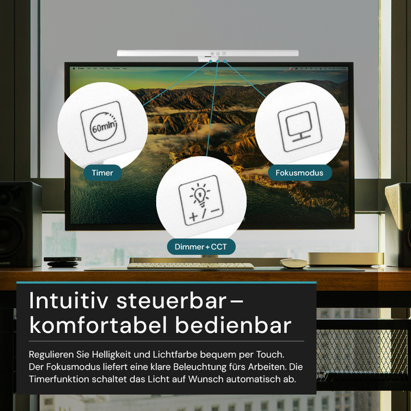 Bildschirmleuchte mit Timer-, Fokusmodus- und Dimmerfunktion zur Steuerung von Helligkeit und Farbtemperatur