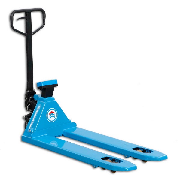 Blauer Gabelhubwagen mit schwarzem Griff