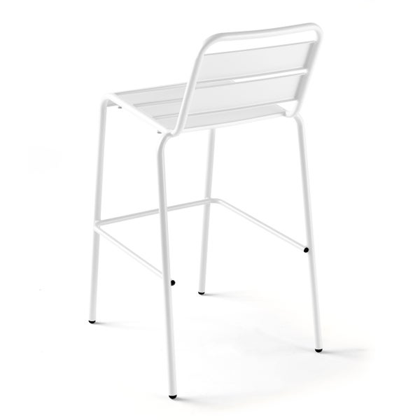 Barhocker aus Metall in Weiß mit Rückenlehne und Fußstütze.