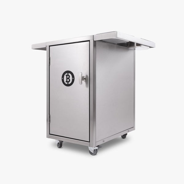 Mobiler Edelstahl-Grillschrank mit Bitcoin-Symbol