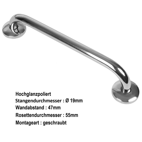 Hochglanzpolierter Haltegriff mit 19 Millimeter Stangendurchmesser, 47 Millimeter Wandabstand und geschraubter Montageart.