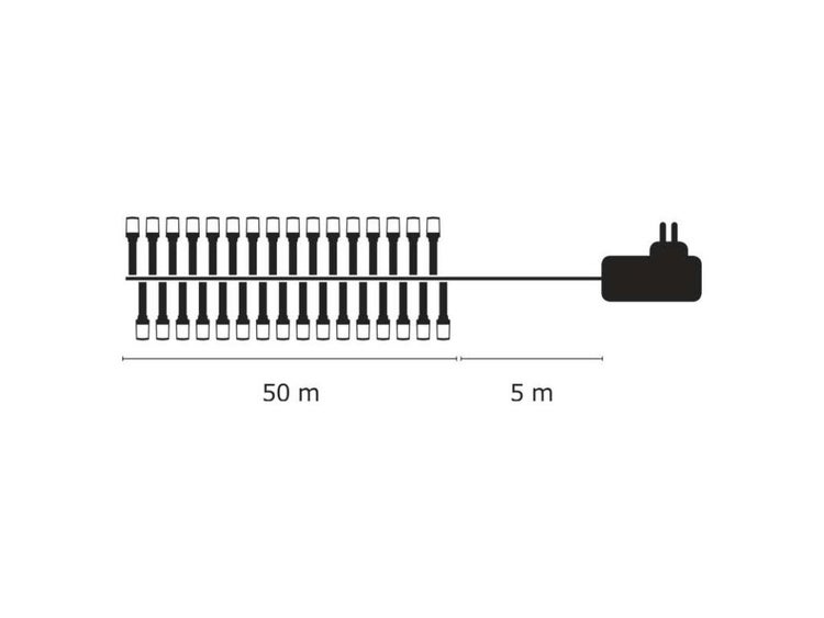 Technische Zeichnung einer Lichterkette mit 50 Meter Länge und 5 Meter Zuleitung inklusive Netzstecker