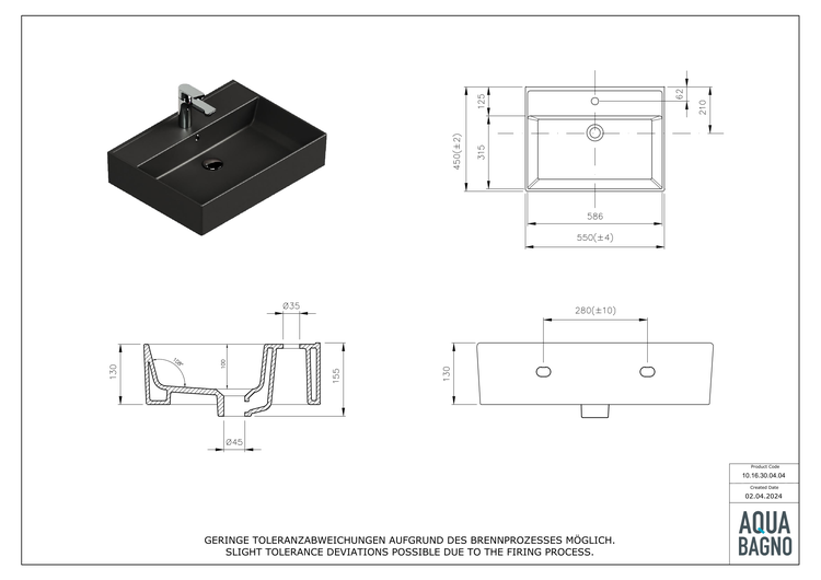 Aqua Bagno Basic Plan Waschbecken 10.16.30.04.04 – 60 x 45 cm – Schwarz Matt – Keramikbecken mit Hahnloch & Überlauf