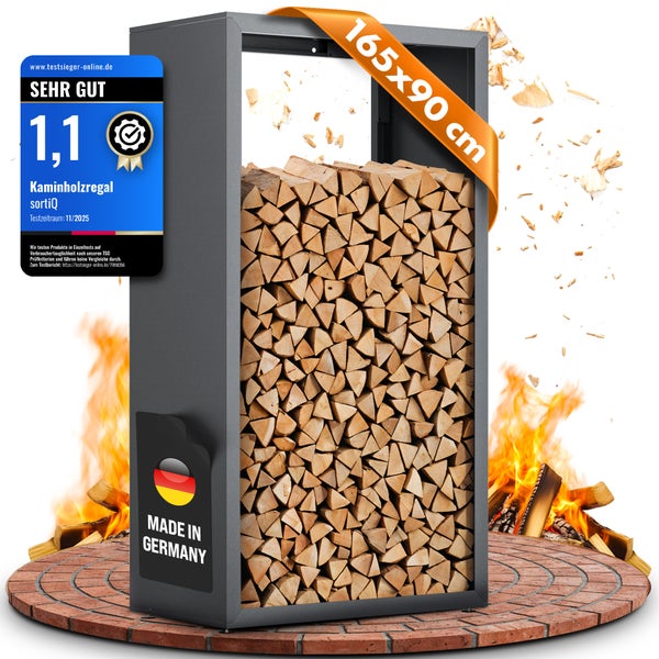 Kaminholzregal 165x90 Zentimeter gefüllt mit Holzscheiten, Produktsiegel sehr gut, Made in Germany Siegel