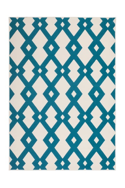 Rechteckiger Teppich mit geometrischem Rautenmuster in Petrol und Weiß.