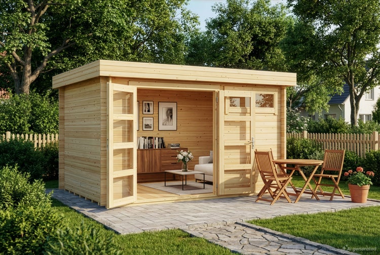 Modernes Gartenhaus aus Holz mit Flachdach und großen Fenstertüren in einem gepflegten Garten mit Sitzgruppe auf der Terrasse.