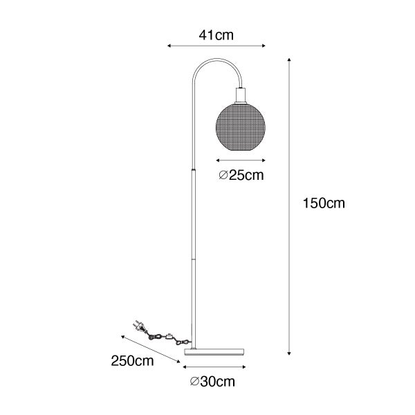 Abmessungen einer Stehlampe: Höhe 150 cm, Ausladung 41 cm, Lampenschirmdurchmesser 25 cm, Fußdurchmesser 30 cm, Kabellänge 250 cm