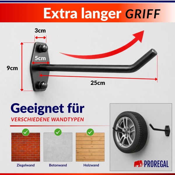 Wandhaken mit extra langem Griff von Proregal zur Aufbewahrung von Reifen, geeignet für Ziegel, Beton und Holz.