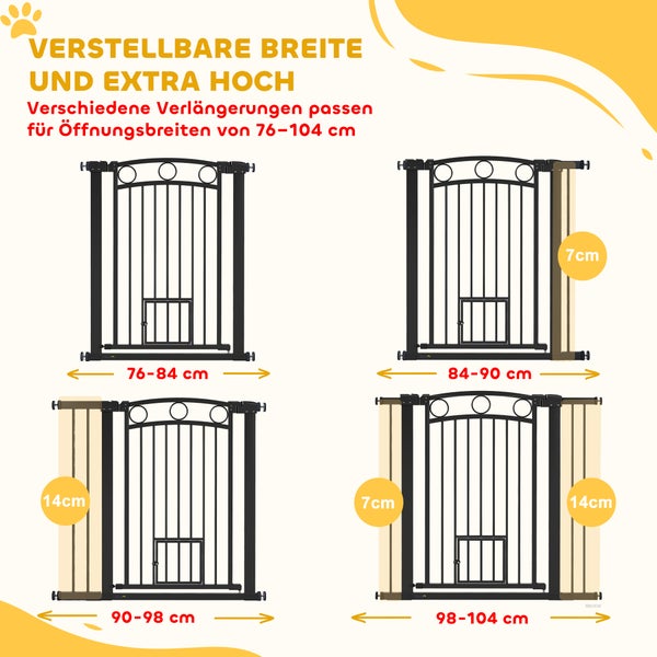 Illustration der Breitenverstellbarkeit eines Türschutzgitters für Kinder und Haustiere, passend für Öffnungsbreiten von 76 bis 104 cm