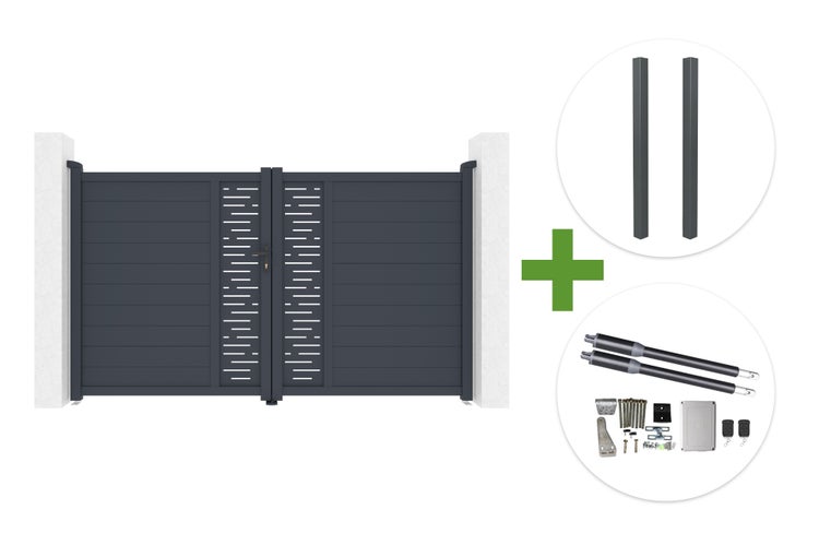 Zweiflügeliges Einfahrtstor mit zwei Pfosten und elektrischem Torantrieb Set inklusive Fernbedienungen und Montagematerial.