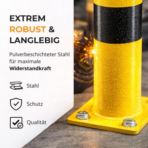 Robuster Absperrpfosten aus pulverbeschichtetem Stahl, gelb-schwarz gestreift, bietet Schutz und Qualität, langlebig bei Nässe und Funkenflug.