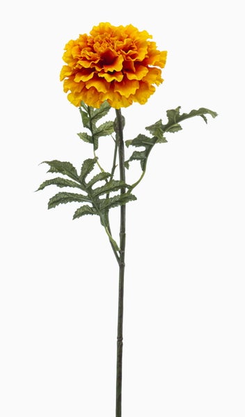 Künstliche Studentenblume mit grünem Stiel, gezackten Blättern und orangefarbener Blüte.