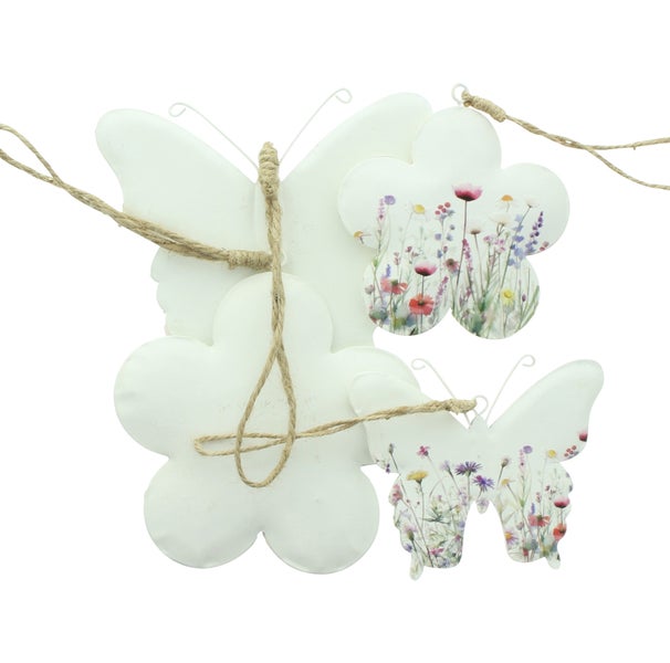 FRANK FLECHTWAREN|Hänger Frühlingswiese, 4er Set, 11 x 9 cm, 10 x 10 cm, 14 x 11,5 cm, 13 x 13 cm, METALL, JUTE