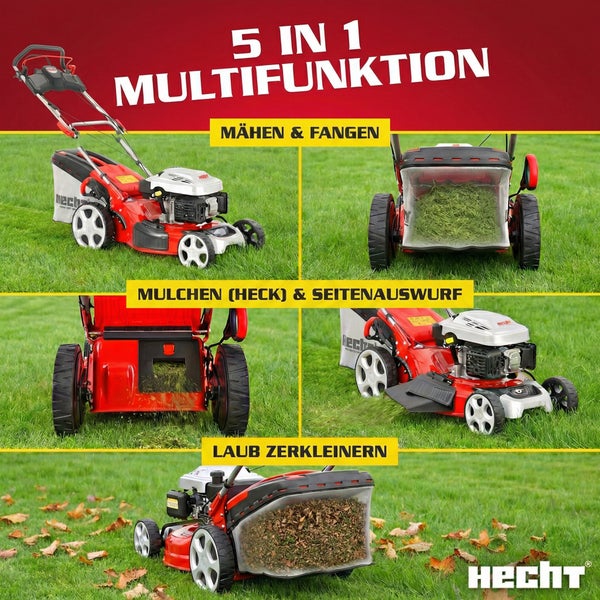 Hecht 5 in 1 Multifunktions-Rasenmäher zeigt Mähen, Fangen, Mulchen, Seitenauswurf und Laub zerkleinern auf Rasen. Hecht Logo.