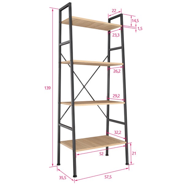 Leiterregal tectake Newcastle inklusive Kippschutz, 57,5 x 35,5 x 139 cm Industrial Style Industrial Holz hell, Eiche Sonoma