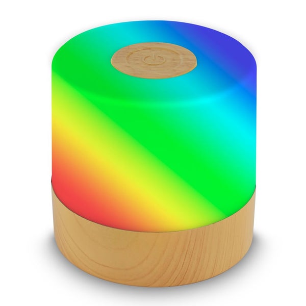 Zylindrische Tischleuchte mit Holzsockel, Farbwechselfunktion, 2700 Kelvin warmweißes Licht und spritzwassergeschützt.