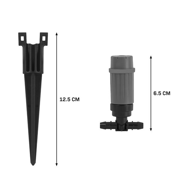 Kunststoff-Erdspieß 12,5 Zentimeter und Tropfer 6,5 Zentimeter für Gartenbewässerungssysteme.
