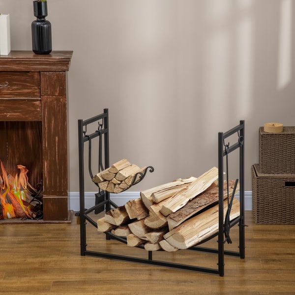 Outsunny Kaminholzregal, mit 4 Haken, 2 Schichten, 84 x 33 x 76 cm, Metall, Schwarz