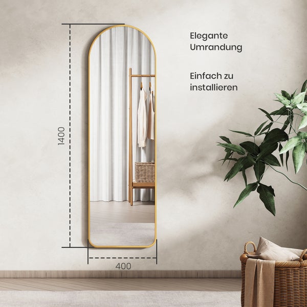 EMKE Bogen Standspiegel 140 x 40 cm, 2-in-1 Ganzkörperspiegel zum Aufstellen oder vertikalen Wandmontage, mit kupferfreiem und rostfreiem Spiegelglas, Aluminiumrahmen in Gold, ideal für Schlaf- und Ankleidezimmer