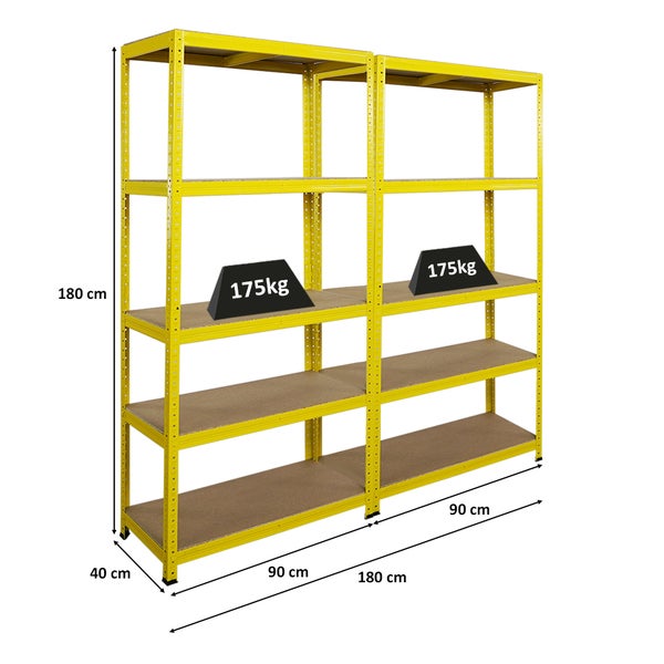 PROREGAL Mega Deal 2x Schwerlastregal YELLOW BEE, HxBxT 180x90x40cm, Fachlast 175kg, 5 Ebenen, Gelb, Kellerregal, Steckregal, Garagenregal, Lagerregal