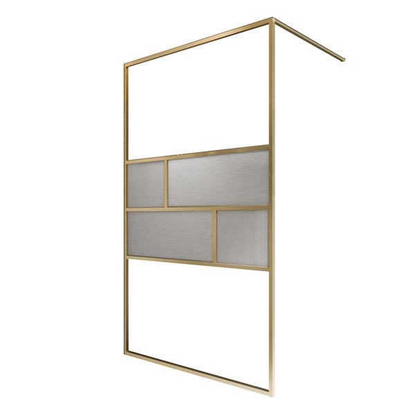 Walk-In Duschwand mit goldfarbenem Rahmen und strukturiertem Glas in geometrischem Muster.