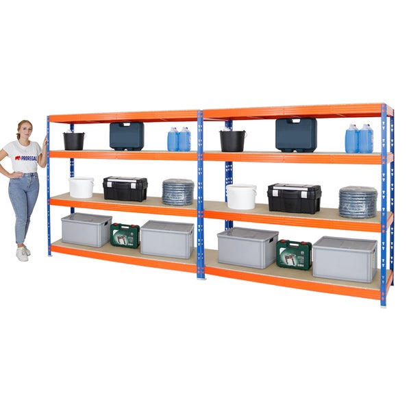 PROREGAL Mega Deal 2x Profi Schwerlastregal Rhino HxBxT 180 x 200 x 60 cm 4 Spanplatten-Ebenen 16mm Fachlast 500 kg Blau-Orange