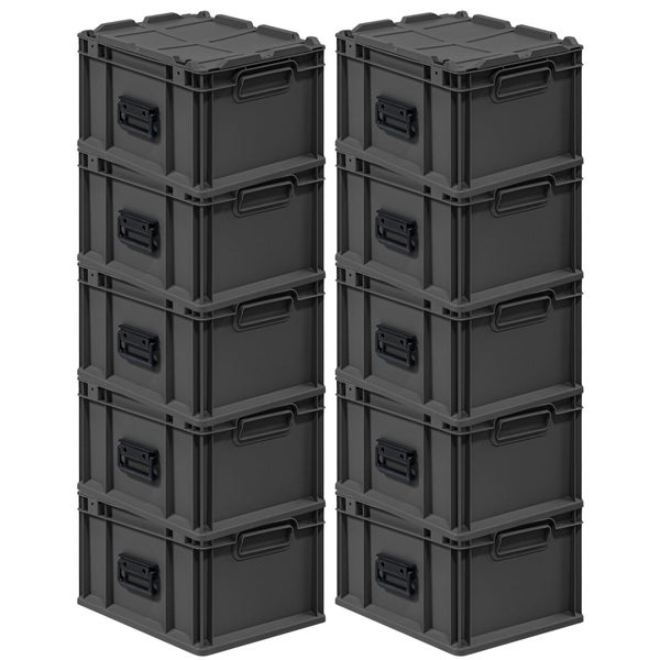 Zwei Stapel grauer Aufbewahrungsboxen mit Deckel und Griffen.