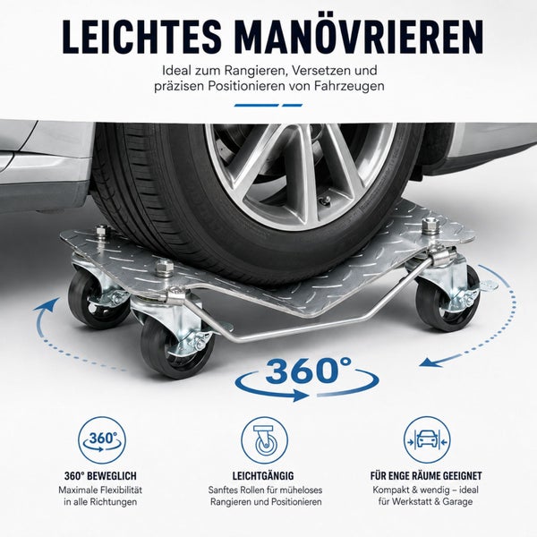 Rangierhilfe aus Metall mit 360 Grad Rollen für PKW, zum Rangieren und Positionieren von Fahrzeugen in der Werkstatt oder Garage.