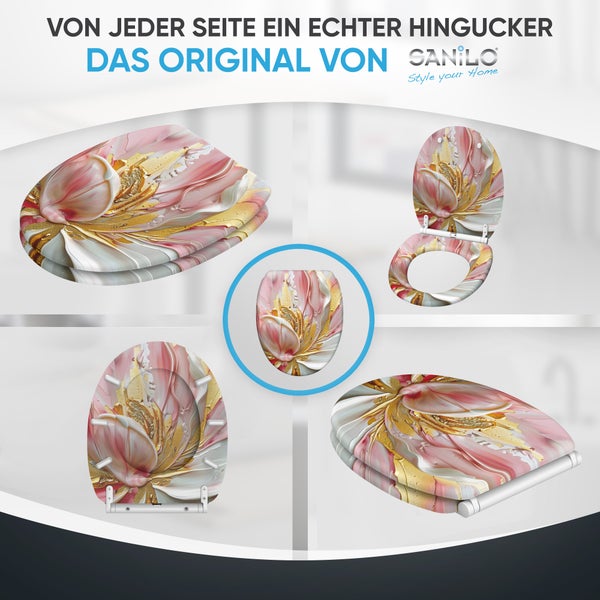 Sanilo Toilettensitz mit abstraktem Blumenmuster in verschiedenen Ansichten gezeigt, inklusive Sanilo Logo.