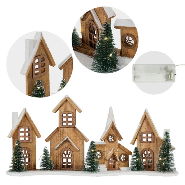 ECD Germany LED Holz Weihnachtsdorf, 56x13x27 cm, 25 LEDs warmweißes Licht, Weihnachtsdekoration, Winterdorf batteriebetrieben (2xAA), Weihnachtsstadt, Deko Häuser, Weihnachtsszene mit Beleuchtung