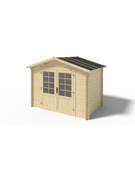 Gartenhaus aus Holz in Blockbohlenbauweise mit Doppeltür inklusive Fenstern und Satteldach.