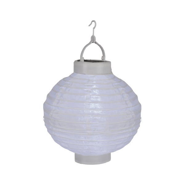 Weiße Solar-Papierlaterne mit Haken zum Aufhängen.