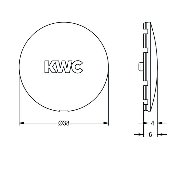 Maßzeichnung einer runden KWC Abdeckkappe mit KWC Logo, einem Durchmesser von 38 Millimetern und einer Tiefe von 6 Millimetern.