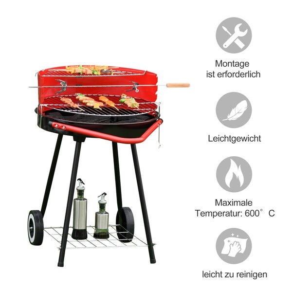 Outsunny Holzkohlegrill, Rundgrill, L51 x B70 x H75,5cm, Metall, Rot