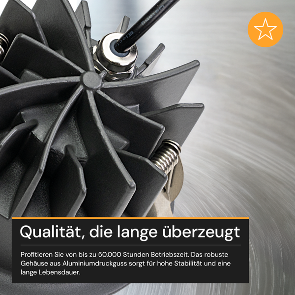 Robustes Gehäuse aus Aluminiumdruckguss mit Kühlrippen für hohe Stabilität und eine lange Lebensdauer von bis zu 50.000 Stunden.