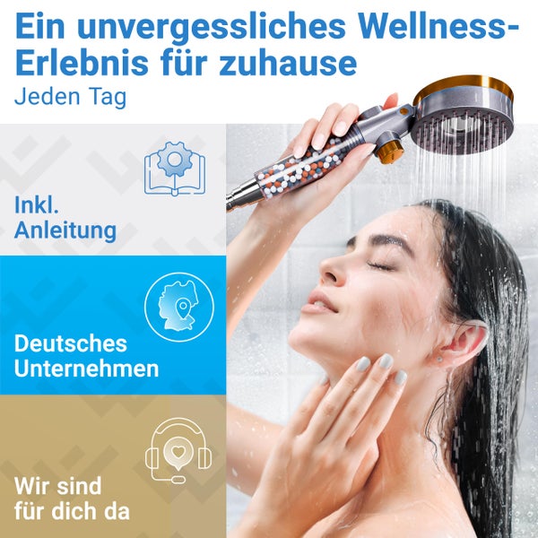 LOBENSWERK Duschkopf mit Filter [3 Modi - inkl. Booster] Duschkopf wassersparend mit Mineralperlen | Handbrause, Duschbrause, shower head für die Dusche inkl. Ersatzteile