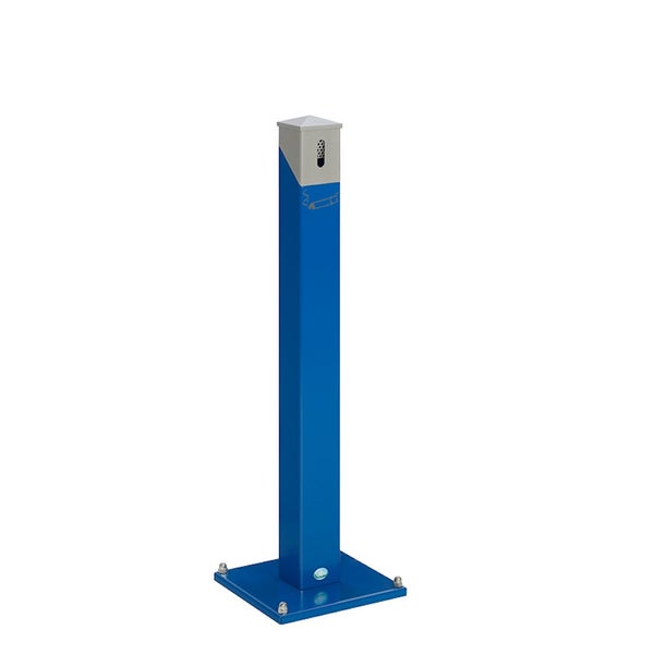 Standaschenbecher aus Metall in Blau mit quadratischer Bodenplatte und silbernem Kopfstück.