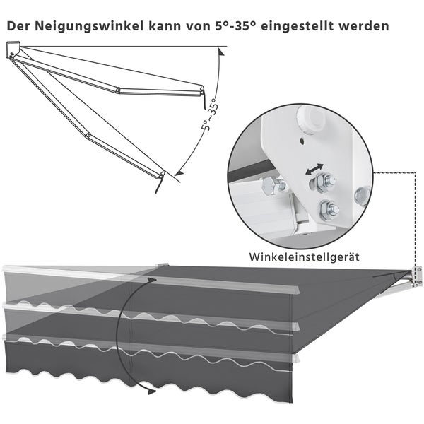 Zeichnung einer Markise mit einstellbarem Neigungswinkel von 5 bis 35 Grad.
