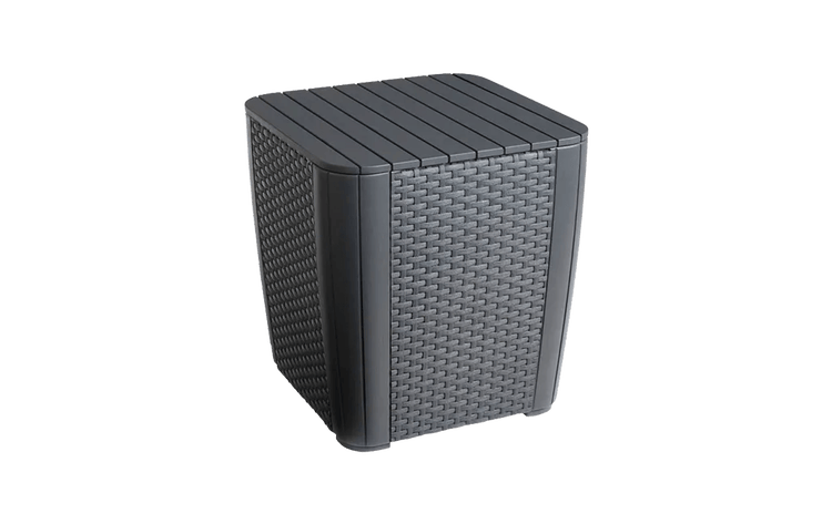 Anthrazitfarbener Gartenbeistelltisch aus Kunststoff in Flechtoptik mit lamellierter Oberfläche.