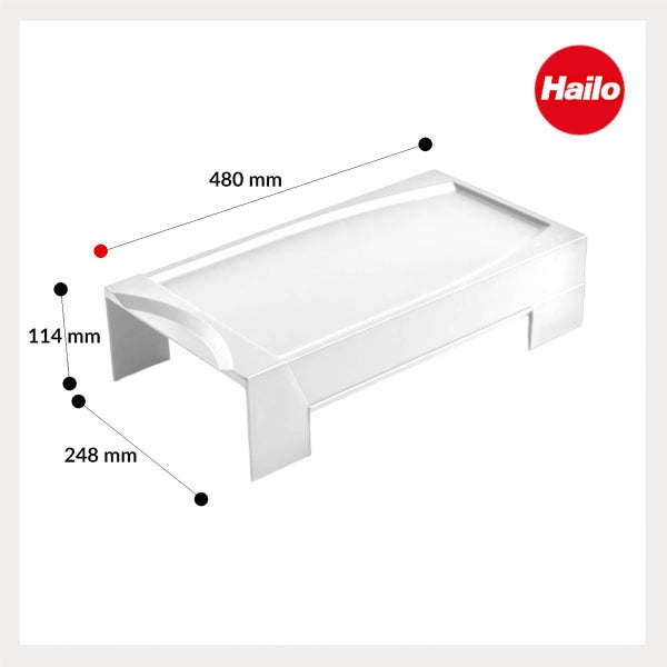 Hailo Logo. Weißer rechteckiger Einsatz mit Maßen von 480 Millimeter mal 248 Millimeter und einer Höhe von 114 Millimeter.