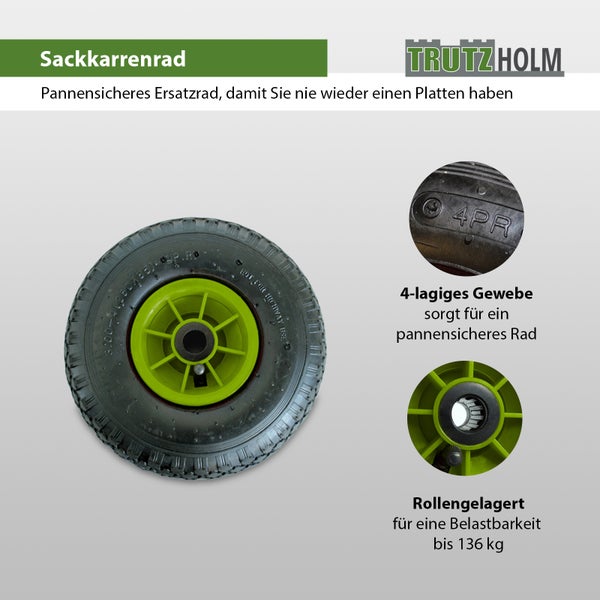Sackkarrenrad als pannensicheres Ersatzrad mit Rollenlager für eine Belastbarkeit bis 136 Kilogramm