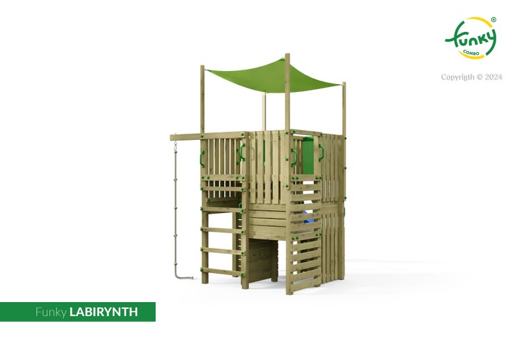 Funky Combo Spielturm LABIRYNTH aus Holz mit Sonnensegel, Kletterseil und Haltegriffen.