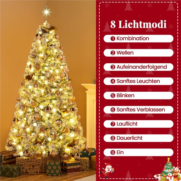 Geschmückter Weihnachtsbaum mit Geschenken und Anzeige der acht Lichtmodi.