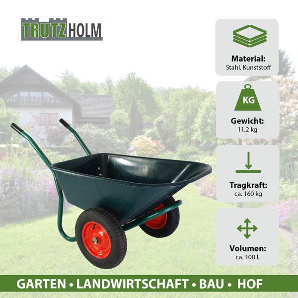 2-Rad Schubkarre 100 L 160 kg Gartenschubkarre Lufträder Stahlfelge kippsicher Kunststoffwanne