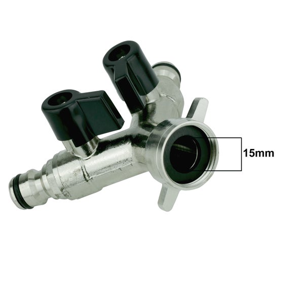 V-GY. Verteiler 2-Wege mit Absperrhähnen 3/4IG - 2x1/2Stutzen für Kupplung (Nikel)