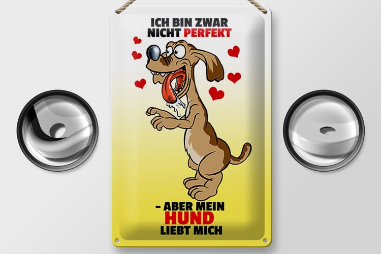 Blechschild Spruch 20x30cm nicht perfekt aber Hund liebt mich