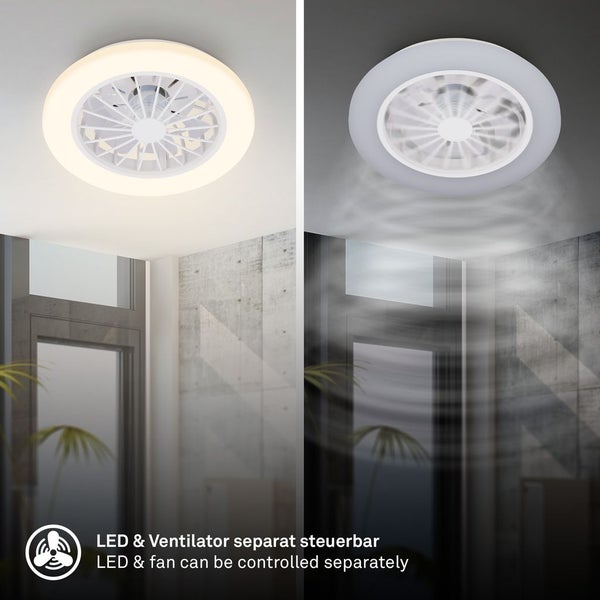 Deckenventilator mit integriertem LED-Licht, LED und Ventilator sind separat steuerbar.